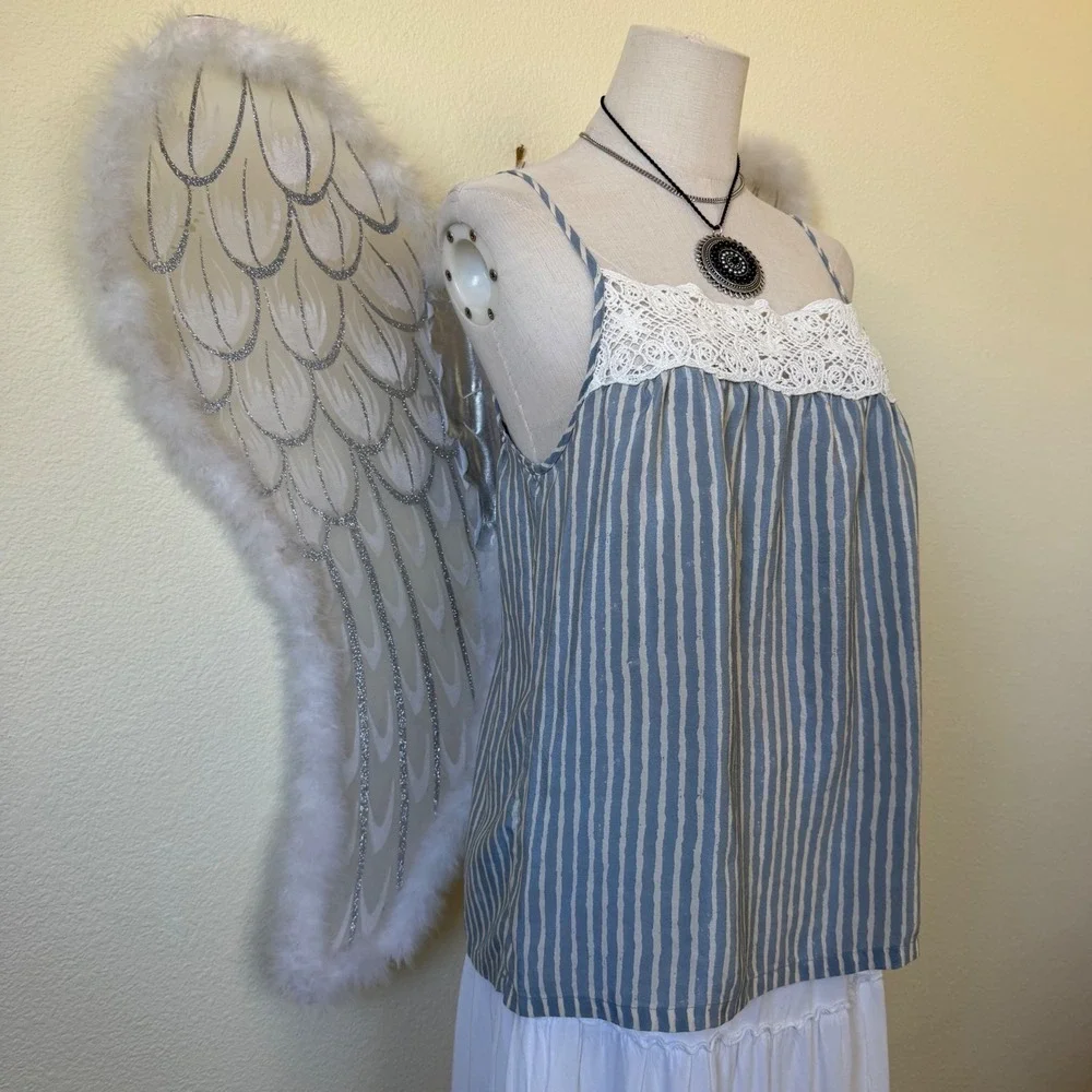 Lucky Brand Silk Camisole Top Blue‎ White Stripe Crochet Lace Coastal Babydoll